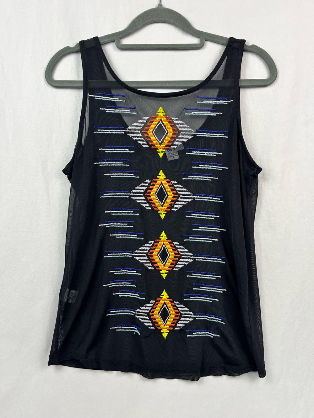 Black Sheer Mesh Tank Top Colorful Aztec Geometric Embroidery Bohemian Festival
